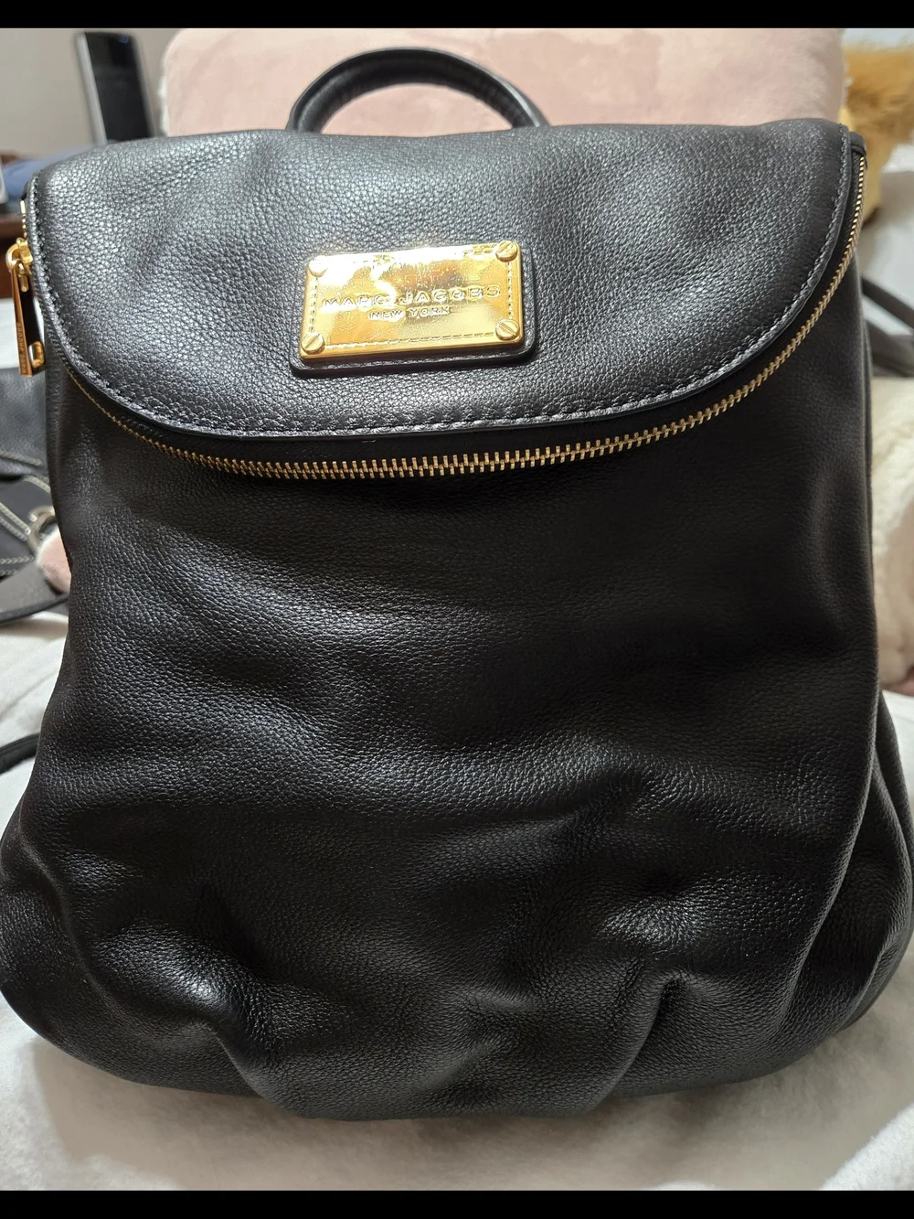 Marc Jacobs Black Leather Backpack with Gold Plaque